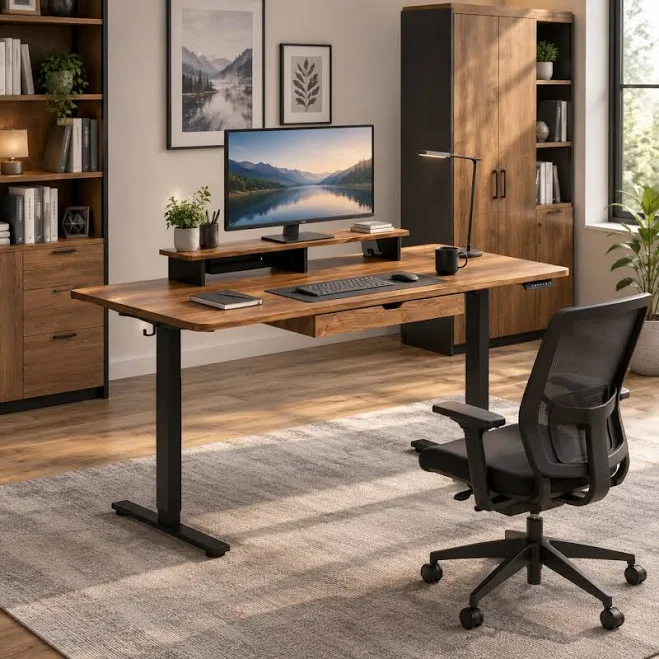 FlexiSpot Zenith All-in-One Standing Desk with Desk Shelf and Keyboard Tray Drawer, 55" x 28", photo 1 of 7
