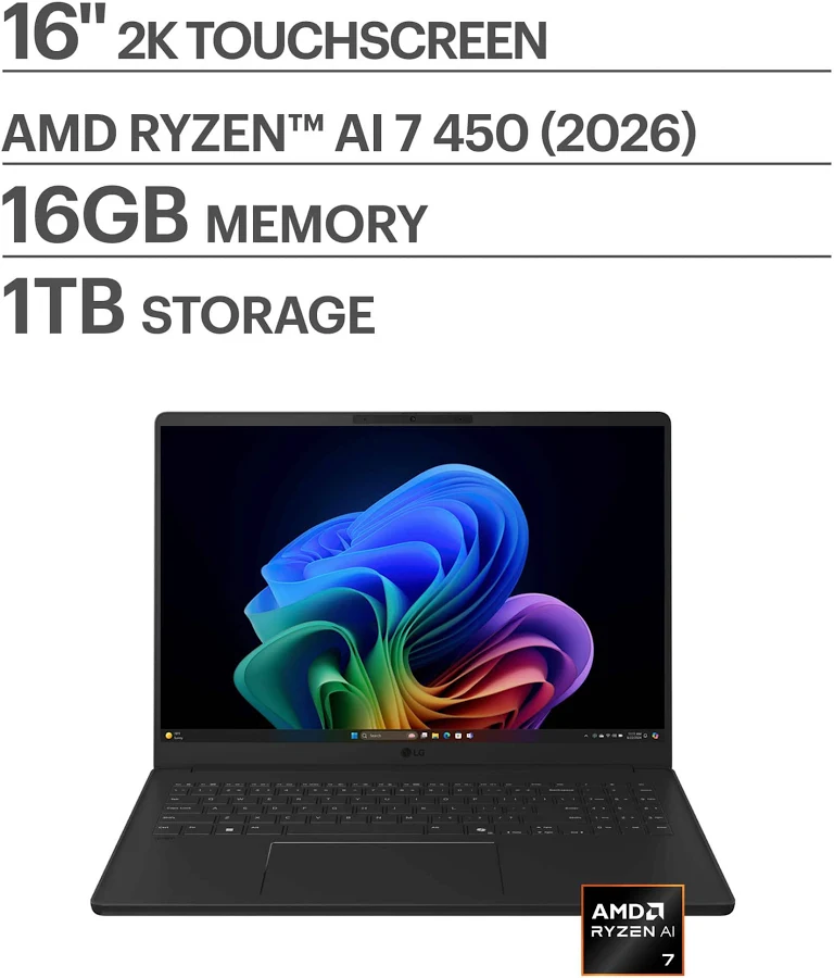 LG gram Book 16" Copilot+ PC Touchscreen Laptop – AMD Ryzen AI 7, 16GB RAM, 1TB SSD, Black, photo 3 of 7