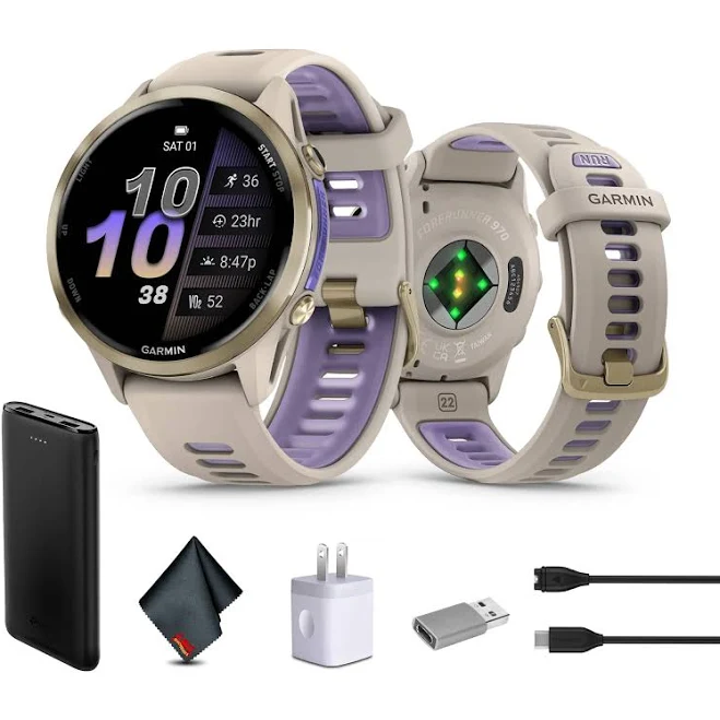 Garmin Forerunner 970 GPS Running Smartwatch, Soft Gold Titanium with French Gray/Translucent Indigo Band