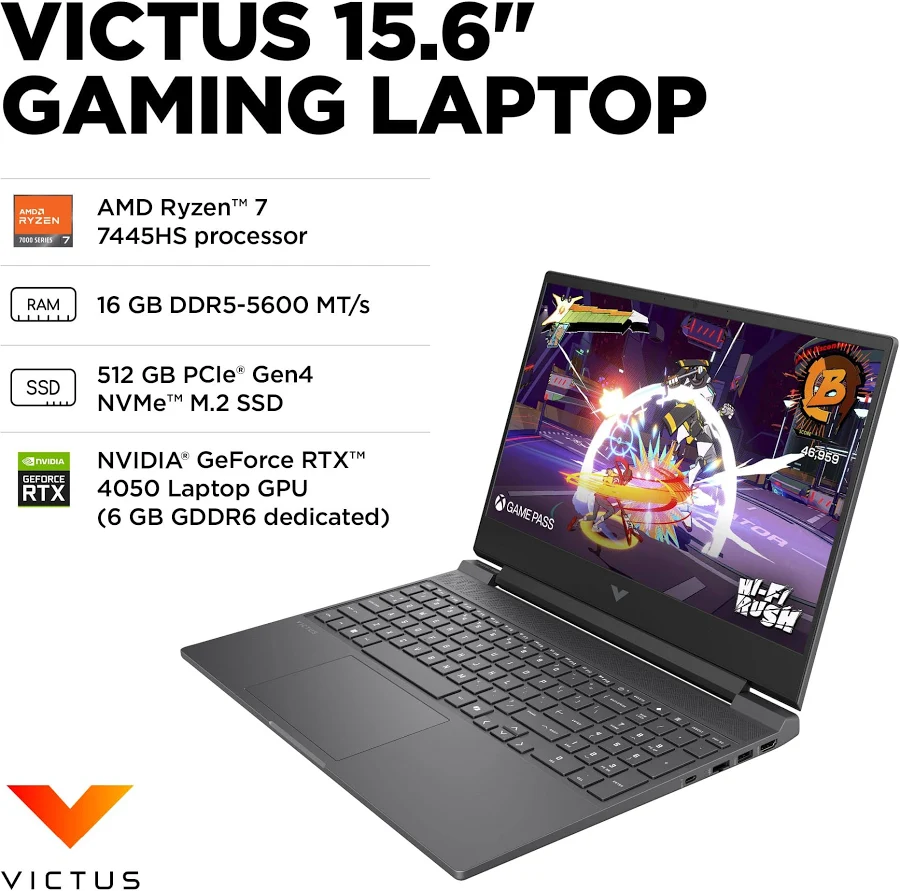 HP Victus 15.6" 144Hz Gaming Laptop – AMD Ryzen 7 7445HS, RTX 4050, 16GB RAM, 512GB SSD, Mica Silver, photo 4 of 7
