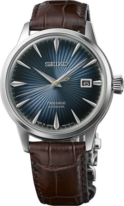 Seiko Presage Cocktail Time Blue Moon Automatic Men's Watch, 40.5mm, Blue Dial, Brown Leather Strap (SRPK15)