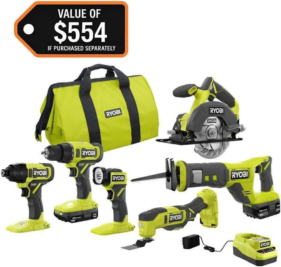 Ryobi ONE+ 18V Cordless 6-Tool Combo Kit with 1.5Ah and 4.0Ah Batteries and Charger, photo 2 of 2