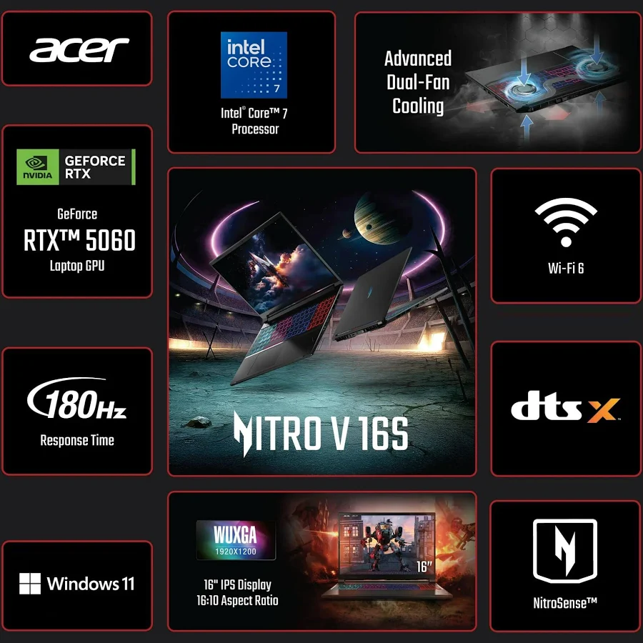 Acer Nitro V 16S Gaming Laptop – Intel Core 7 240H, 16GB RAM, 1TB SSD, 16" WUXGA 180Hz IPS, Black, photo 3 of 7