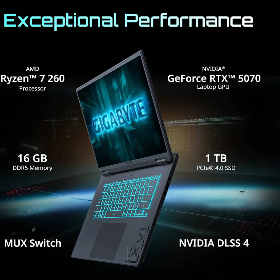 GIGABYTE GAMING A16 Gaming Laptop – AMD Ryzen 7 260, RTX 5070, 16GB RAM, 1TB SSD, 16" WUXGA 165Hz, Black, photo 3 of 7
